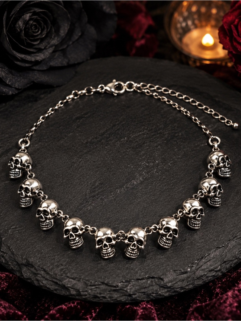 Silver Skull Charm Choker Necklace - Gothic Women's Jewelry New